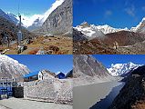 Rolwaling 05 12 Tsho Rolpa Early Warning Sirens, 6000m Peaks Northeast Of Kang Nachugo, Buildings At Tsho Rolpa, Tsho Rolpa From Kabug The giant Tsho Rolpa glacial lake had been a threat to breach its natural dam and flood the valley below, but there is now a deep trench cut into the terminal moraine to control the water level. Upper left: Early warning system sirens warn the villagers if there is any trouble from the Tsho Rolpa. Upper right: A few 6000m peaks came into view to the east of Kang Nachugo just before reaching Tsho Rolpa. Lower left: The trail from Sangma Kharka climbs steeply for 45 minutes above the Rolwaling Chu to reach the buildings at the head of the Tsho Rolpa (4540m). Lower right: The trail from the head of the Tsho Rolpa follows the south side of the terminal moraine of the lake to a campsite at Kabug (4560m) in 30 minutes. I climbed the terminal moraine above Kabug to get an excellent view of Tsho Rolpa and Bigphera Go Shar (6729m) at the head of the valley.